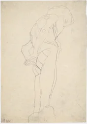 Anciano desnudo inclinado hacia la derecha